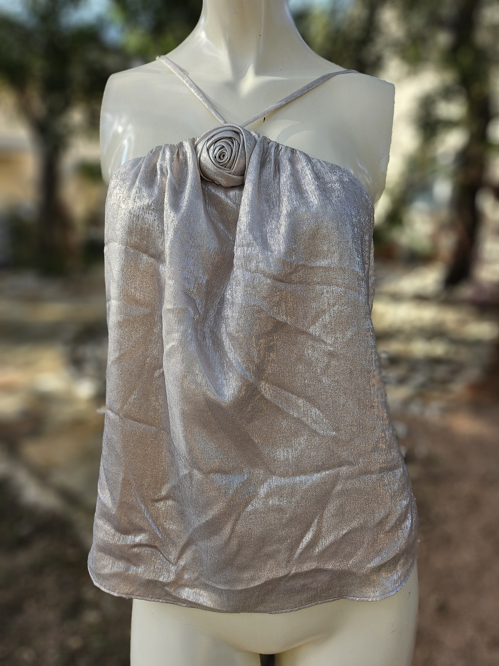 Greylin Shimmery Rose Gold Polyester Spaghetti-Strap Tank Top with Rosette S